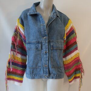 NWT Womens Regina Blue Multicolor Crochet Knit Sleeves Denim Jean Jacket M